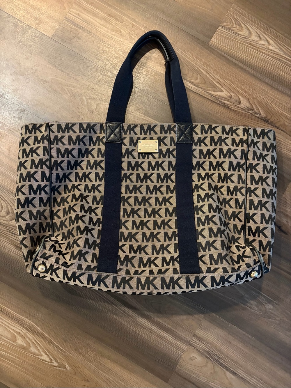 Michael Kors Beige and Black MK Logo Canvas Tote